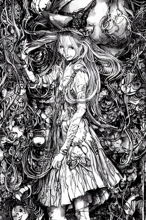 Image similar to Rave Alice in wonderland tarot card , pen and ink, intricate line drawings, by Yoshitaka Amano, Ruan Jia, Kentaro Miura, Artgerm, watercolor