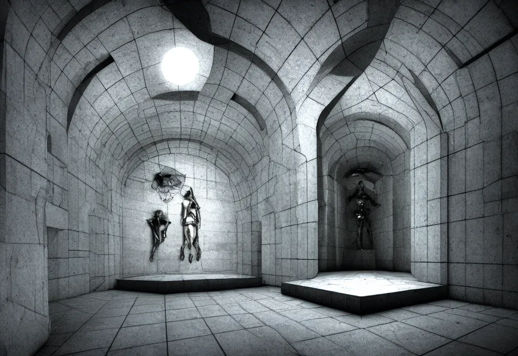 Prompt: dreamy cybernetic mausoleum, lunar mythos, award winning art by bill brandt and wolfgang letti