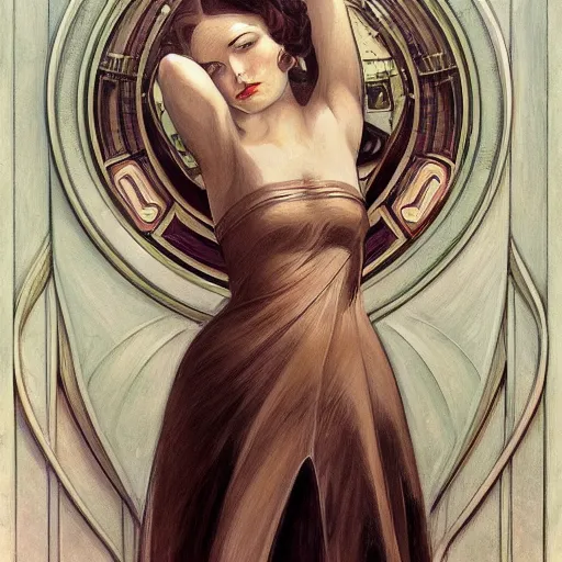 Image similar to a streamline moderne, art nouveau, dieselpunk painting in the style of donato giancola, and in the style of charlie bowater, and in the style of charles dulac. symmetry!!, smooth, sharp focus, semirealism, intricate ultrafine background detail.