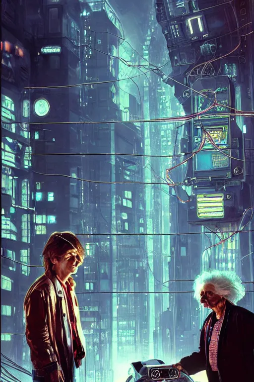 Image similar to hyperrealist portrait of marty mcfly and doc emmett brown, it is decorated with long wires and computer monitors in the cyberpunk office background. by jeremy mann and alphonse mucha, fantasy art, photo realistic, dynamic lighting, artstation, poster, volumetric lighting, very detailed faces, 8 k, award winning