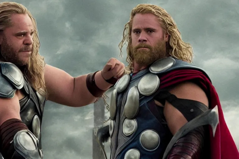 Prompt: Film still of Danny DeVito as Thor in the movie