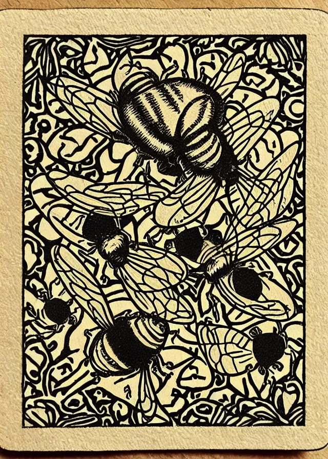 Image similar to 5 of bees, woodblock playing card