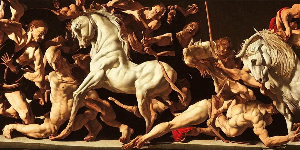 Prompt: the sacrifice of the white unicorn, fighting, struggling, muscular by caravaggio