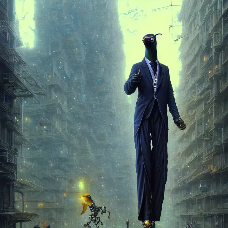 Image similar to A solarpunk very highly detailed Anthropomorphic cybertronic penguin wearing sport suit with very highly detailed face on the street of a very highly detailed solarpunk city digital impressionism art by Greg Rutkowski and Josan Gonzalez, highly detailed, digital concept art, Volumetric natural light, sharp focus, Golden Ratio illustration, realistic concept art by Stephen Hickman and James Gurney and Hiromasa Ogura Ghost in the Shell rendered in VRAY, From the distance