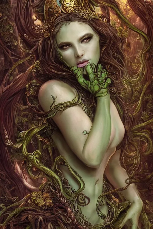 Image similar to a beautiful young woman, Vraska golgari queen, long flowing medusa hair, mostly green and brown leather pirate armor, young female face, vine like plants and jungle background, cinematic top lighting, insanely detailed and intricate, face by wlop, Charlie Bowater, golden ratio, symmetric, elegant, ornate, luxury, elite, matte painting, MTG, magic the gatheing, cinematic, cgsociety, 8k, high resolution