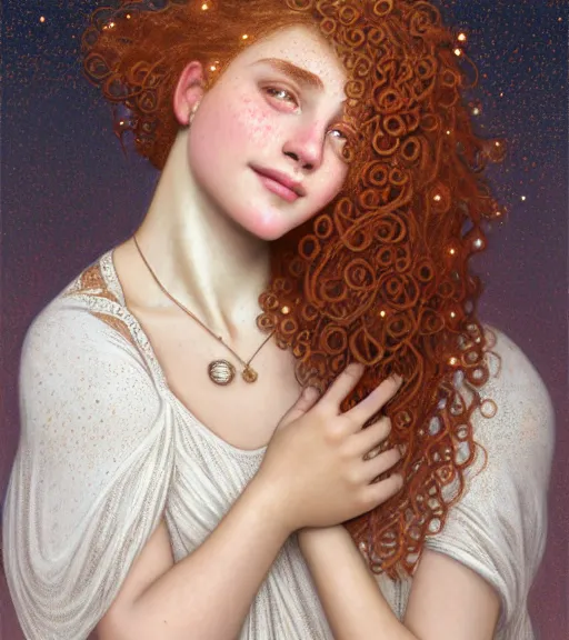 Prompt: portrait of teenage aphrodite, light freckles, curly copper colored hair, smiling kindly, wearing an embroidered white linen dress, lace neckline, intricate, elegant, mother of pearl jewelry, glowing lights, highly detailed, digital painting, artstation, concept art, smooth, sharp focus, illustration, art by wlop, mucha, artgerm, and greg rutkowski