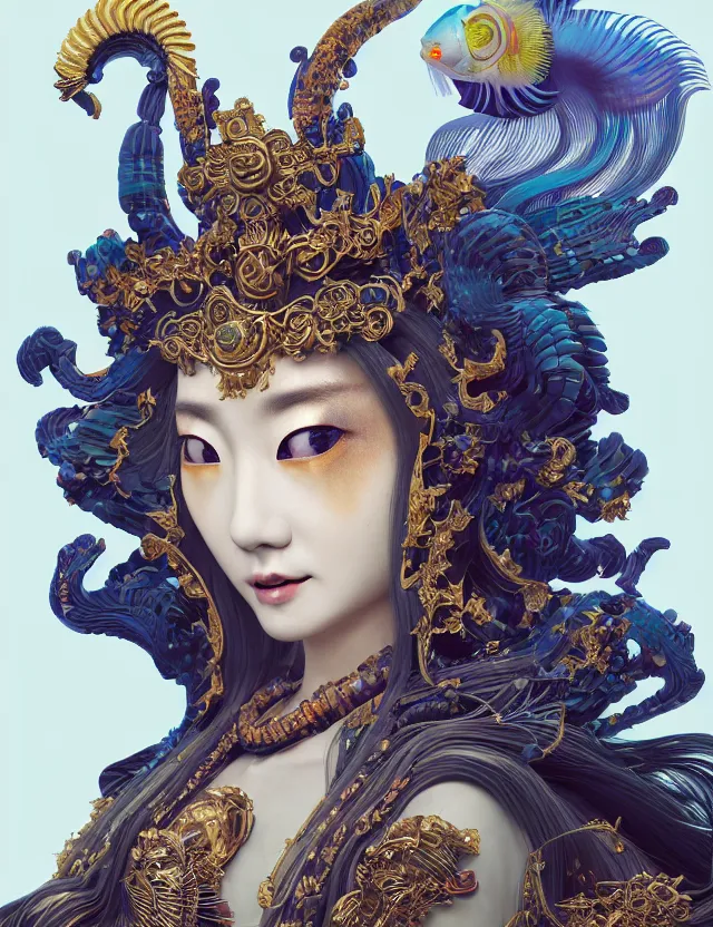 Image similar to 3 d goddess close - up profile portrait with crown, ram skull. beautiful intricately detailed japanese crow kitsune mask and clasical japanese kimono. betta fish, jellyfish phoenix, bio luminescent, plasma, ice, water, wind, creature, artwork by tooth wu and wlop and beeple and greg rutkowski