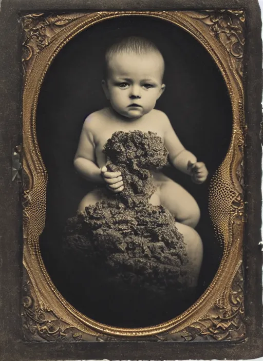 Image similar to old wetplate daguerreotype portrait of baby on mothers womb, explosion of data fragments, fractal, intricate, elegant, highly detailed, parallax, leica, medium format, subsurface scattering, by marie harnett