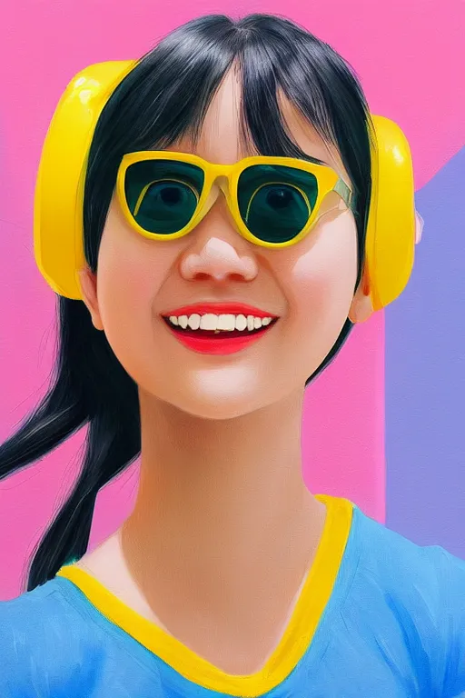 Prompt: a painting of cute Asian girl smiling, yellow sunglasses, in the style of Pixar animation, low angle view, 16mm lens, award winning, hyper detailed, dramatic lighting, artstation, octane renderer, unreal engine