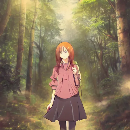 Image similar to a girl walking in a forest, a big eye in the sky is watching her, anime art, smooth, hd, smooth