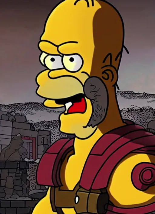 Image similar to Homer Simpson depicted as Kratos God of War, high detailed official artwork