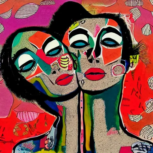 Prompt: beautiful painting of two bizarre psychedelic women kissing each other closeup in japan, speculative evolution, mixed media collage by basquiat and junji ito, magazine collage art, paper collage art, sapphic art, lesbian art