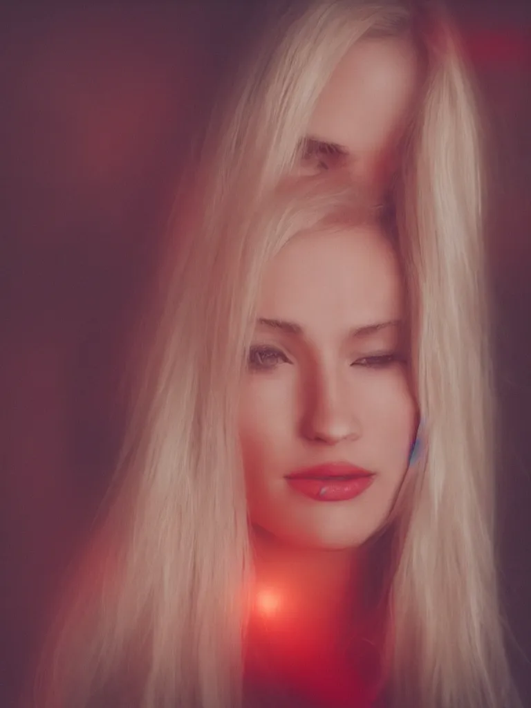 Image similar to photograph of a pretty blond woman illuminated with red light, soft light, night