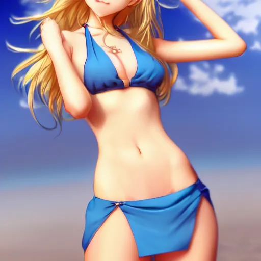 Image similar to a very beautiful anime mature girl, full body, long wavy blond hair, sky blue eyes, full round face, short smile, bikini, miniskirt, front view, medium shot, mid-shot, highly detailed, cinematic wallpaper by Stanley Artgerm Lau