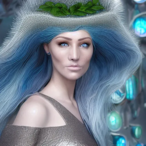 Prompt: “hyperrealistic ultra detailed unreal engine 5 RTX raytracing nvidia hairworks render of portrait of the most beutiful girl with blue eyes and white hair. She is in heavens garden. She has amazing silver jevelery. Nose piercing. Latex dress . Ultra realistic face Rainbow. Trending art station. Grymes inspires. Wonderful landscape on the background”