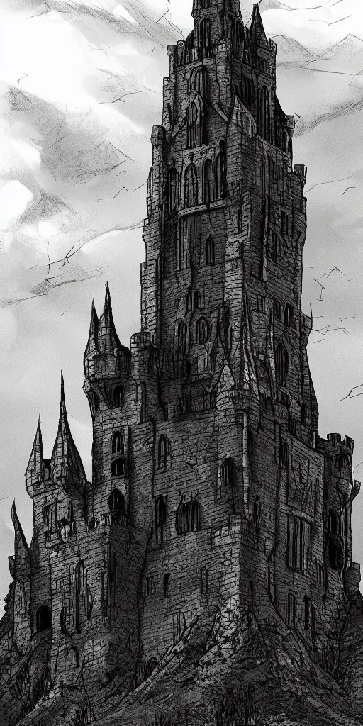 Image similar to lord of the rings tall medieval tower of dark stone on a castle on a hill. stone ruins at the bottom. a dark forest around. illustration on artstation