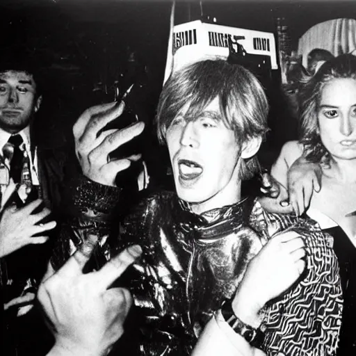 Image similar to godzilla partying at studio 5 4 b & w grainy photograph lots of celebrities including andy warhol