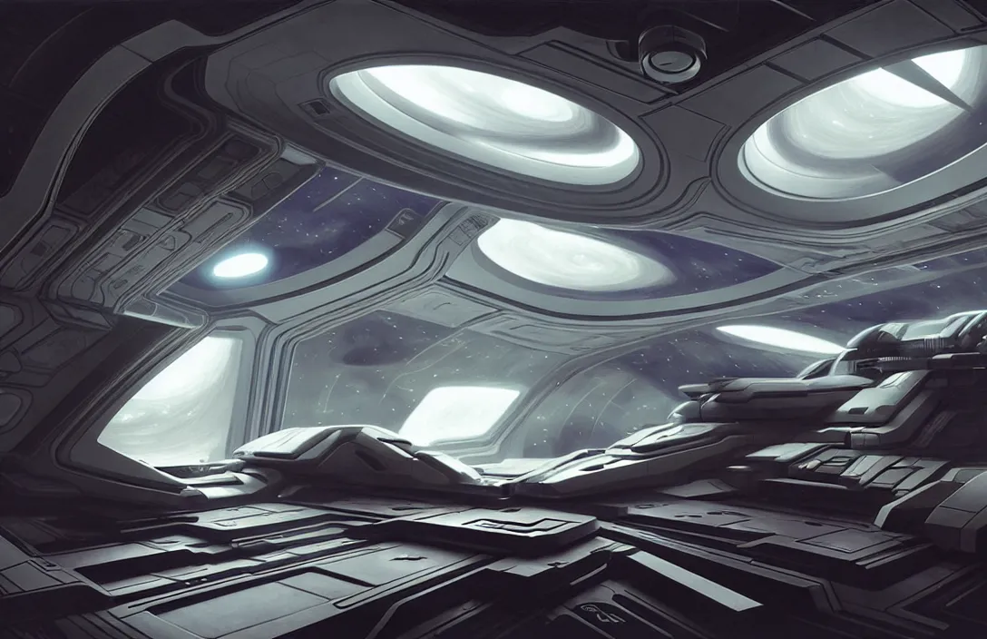 Prompt: interior of an futuristic exo spaceship from another solar system, heroic lighting, sci-fi, intricate, elegant, highly detailed, lifelike, photorealistic, digital painting, artstation, illustration, concept art, smooth, sharp focus, art by John Collier and Albert Aublet and Krenz Cushart and Artem Demura and Alphonse Mucha