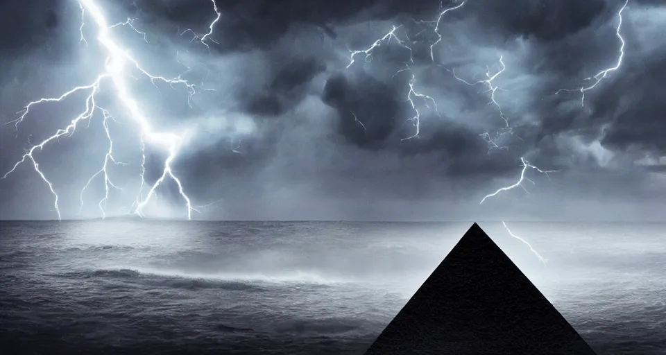 Image similar to photo of black lovecraftian eldritch!! obsidian pyramid!! on a snowy island surrounded by raging stormy seas, with a large shadow of a creature in the background, night, red lightning!!, storm!, dramatic lighting, photo realistic, 8 k