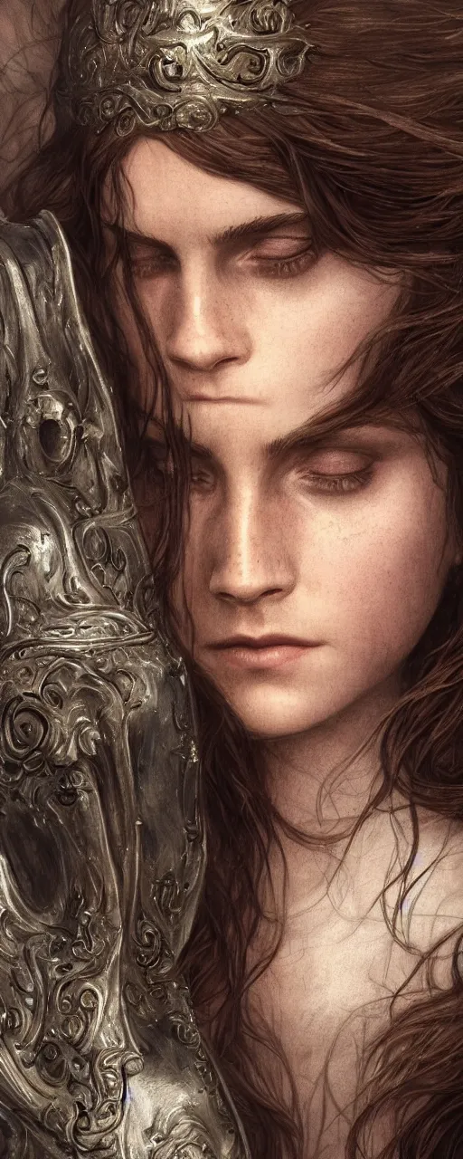 Prompt: photo photorealistic portrait closeup photograph of Emma Watson as Joan of Arc, long, hair, intricate, elegant, highly detailed, digital painting, artstation, concept art, sharp focus, illustration, art by and greg rutkowski and aleksi briclot and bouguereau detailed photograph intricate insanely detailed octane render, 8k artistic photography, photorealistic, Edward Steichen, Peter Lindbergh, Albert Watson