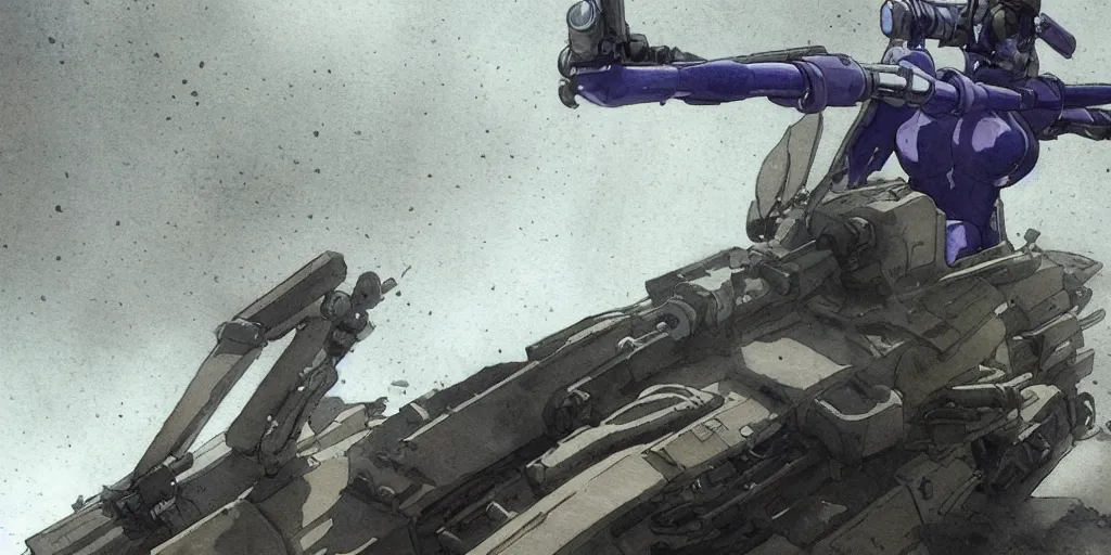 Prompt: incredible screenshot, simple watercolor, masamune shirow ghost in the shell movie scene close up broken Kusanagi tank battle, brown mud, dust, titanic tank with legs, robot arm, ripped to shreds, serious expression, backflip ,light rain, overpass, Giant Atari logo, hd, 4k, remaster, dynamic camera angle, deep 3 point perspective, fish eye, dynamic scene