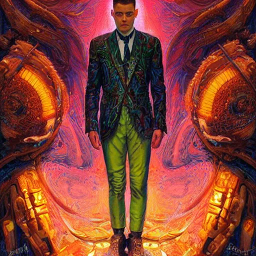 Image similar to portrait of rami malek, hyper detailed masterpiece, neon floral pattern, jean giraud, digital art painting, darkwave goth aesthetic, psychedelic, artgerm, donato giancola and tom bagshaw