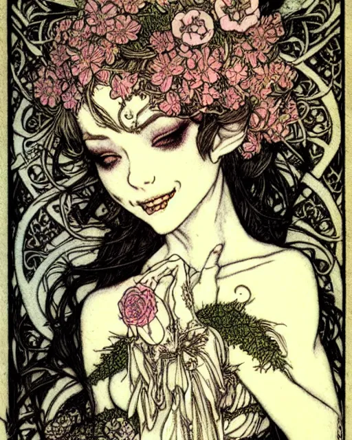 Image similar to burlesque elf, flowers in hair, fantasy character portrait, ultra realistic, concept art, intricate details, art nouveau, japanese woodblock, cinematic, highly detailed by arthur rackham