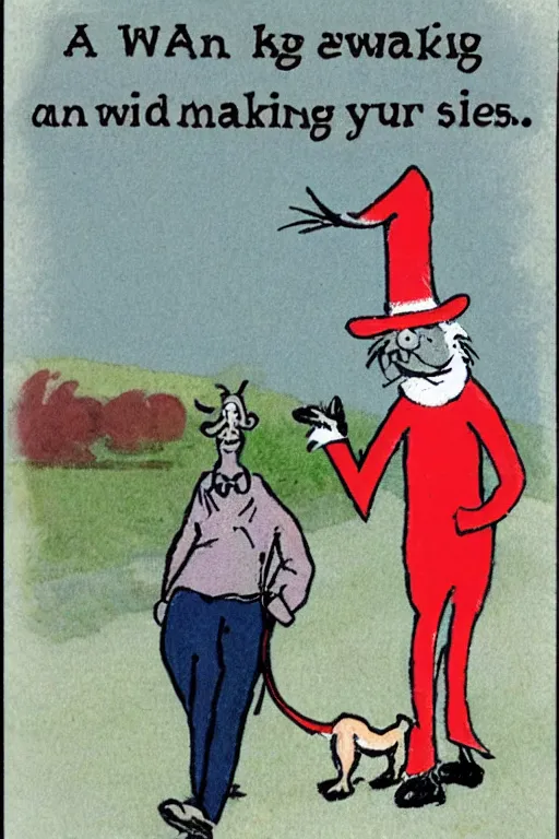 Image similar to a man walking his dog by dr. seuss