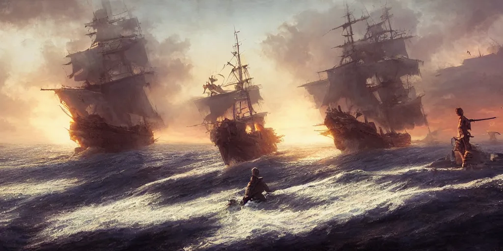 Image similar to two pirates facing each other in death duel!, foggy, gunpowder smoke, dramatic, bloody scene, sunset background, ship on the horizon, portrait 4 / 3, high detail, greg rutkowski, james gurney, gene wolfe, gustave dore, jesper ejsing, rhads, makoto shinkai, ilya kuvshinov