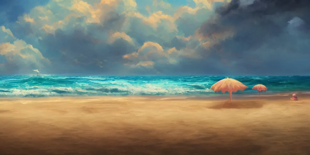 Prompt: a beach, cinematic angle, studio Ghibli, volumetric lighting, breathtaking, beautiful composition, intricate, elegant, digital art, detailed, oil painting, hyperrealistic, sharp focus, 8k