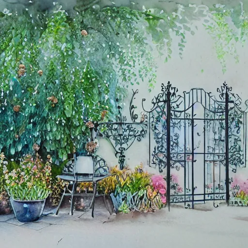 Image similar to delicate, chairs, garden, paved, botanic watercolors, iridescent, 8 k, realistic shaded, fine details, artstation, italian, iron gate, tree, mediterranean, neon