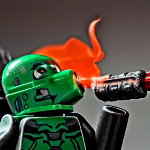 Image similar to A photo of LEGO Bionicle smoking a fat joint, lots of smoke, green red and yellow hues, 4k, award winning photo