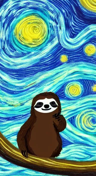 Prompt: a cute sloth hanging on a tree on a starry night, made of bright colored thick flowing dramatic brush strokes, matte colors, trending on artstation