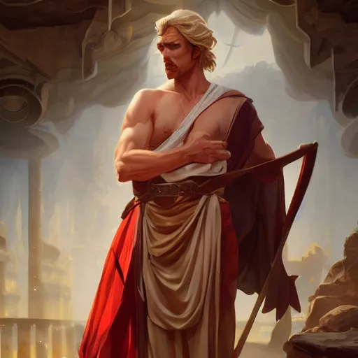 Prompt: dnd character concept portrait, arrogant ancient greek philosopher debating, detailed, high quality, dynamic lighting, fantasy, artwork by artgerm, wlop, alex ross, greg rutknowski, alphonse mucha