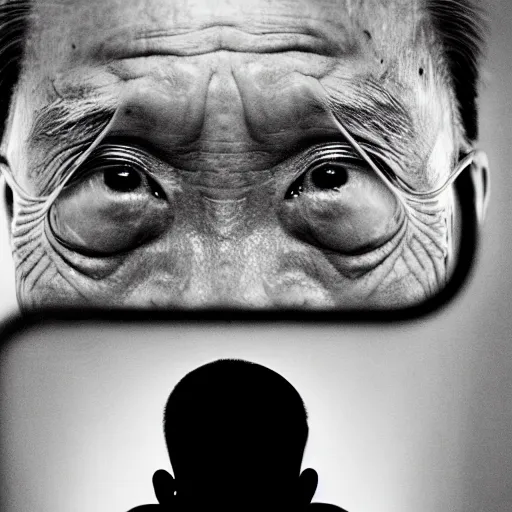 Prompt: a portrait of centenarian justin sun with qrcode tattoo on face in prison looking through the laser of his cell, by annie leibovitz, shallow depth of field, cinematic lighting, colorful dystopian futurism