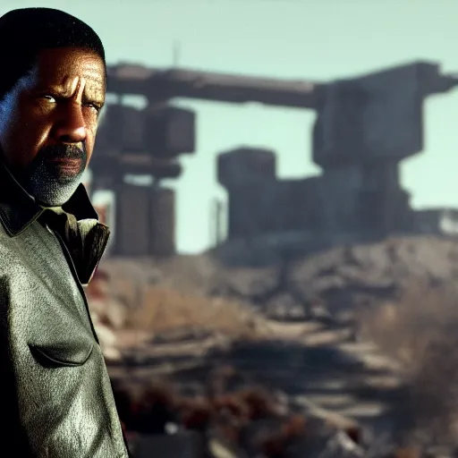 Image similar to Denzel Washington with a gun in fallout new vegas, movie still, face close-up, in color, detailed face, 4k