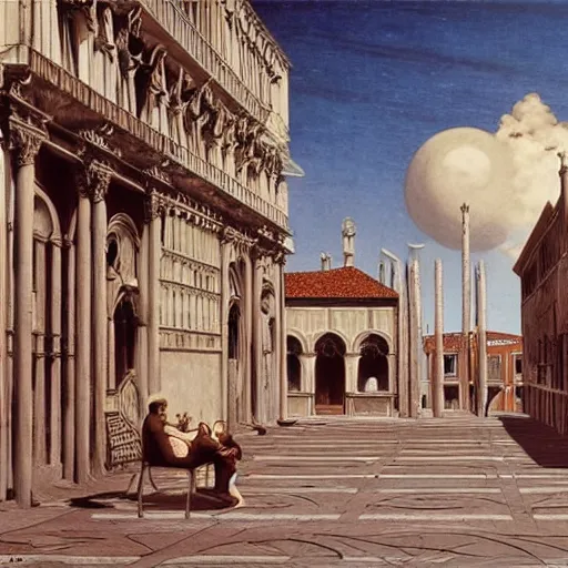 Image similar to Venice in 2075, futuristic, matte painting by Giorgio de Chirico and David A. Hardy