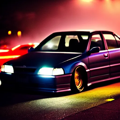 Image similar to a car JZX90 at illegal car meet, Chiba prefecture, city midnight mist lights, cinematic color, photorealistic, highly detailed, 50MM