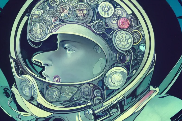 Prompt: portrait of a biomechanical head inside a futuristic space helmet, vintage, neon, white metal, iridescent visor, smooth, sharp focus, high detail, deviantart, art by Alphonse Mucha,