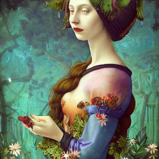 Image similar to a detailed portrait of young woman in renaissance dress and a surreal renaissance headdress, very surreal garden, cyberpunk, surreal tea party, strange creatures, by christian schloe and botticelli, naotto hattori, amy sol, roger dean, moody colors