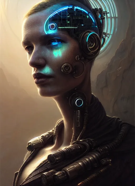 Image similar to closeup portrait shot of a cyberpunk cyborg in a scenic dystopian environment, intricate, elegant, highly detailed, centered, digital painting, artstation, concept art, smooth, sharp focus, illustration, artgerm, tomasz alen kopera, peter mohrbacher, donato giancola, joseph christian leyendecker, wlop, boris vallejo