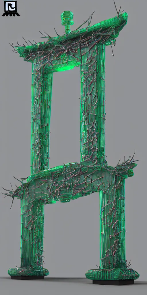 Prompt: 3 d photographic render of asymmetric melting japanese torii gate sculpture made of chrome, sakura bioluminescent chrometype, made of liquid metal, neotribal with thorns and green thunders, cyberpunk, raytracing, hyper realistic, volumetric lightning, 8 k, by zhelong xu and ouchh studio