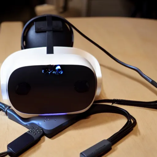 Prompt: a game console with headset vr made by google and apple inc