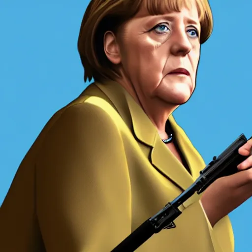 Image similar to Angela Merkel in GTA V, holding gun, smoking cigarette, cover art by Stephen Bliss, artstation, no text