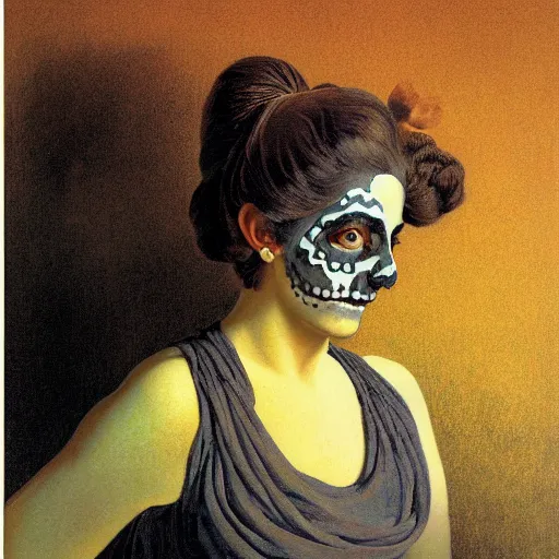 Prompt: portait of a woman wearing skull facepaint by Maxfield Parrish