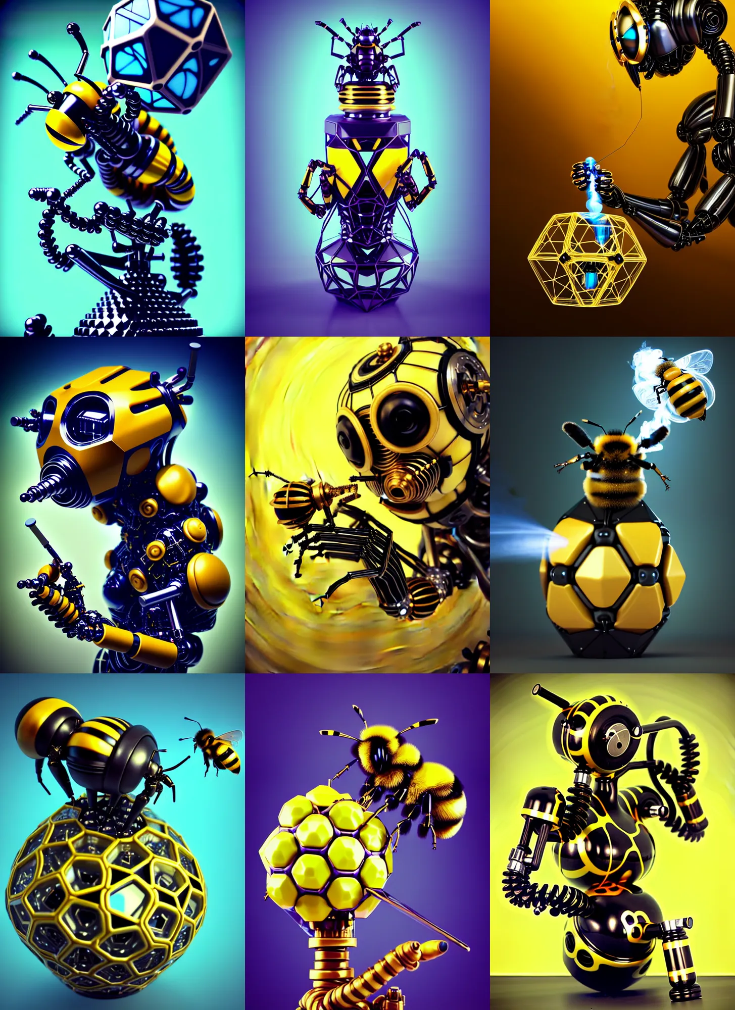 Prompt: cybernetic geodesic bumblebee edm cyborg smoking elaborate milk bong | ornate | glamorous oily soft polished rich enticing ornate modern | weta disney pixar movie still photo | hi - fructose, sci fi fantasy, golden ratio details, smooth, octane render, sharp focus, artstation, concept art | beeple, feng zhu, mucha, rutkowski |