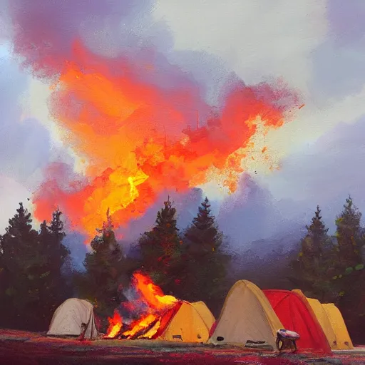 Prompt: a camp with tents on fire, burning down, shadows of 3 girls watching the camp burn, snow, painted by Sylvain Sarrailh