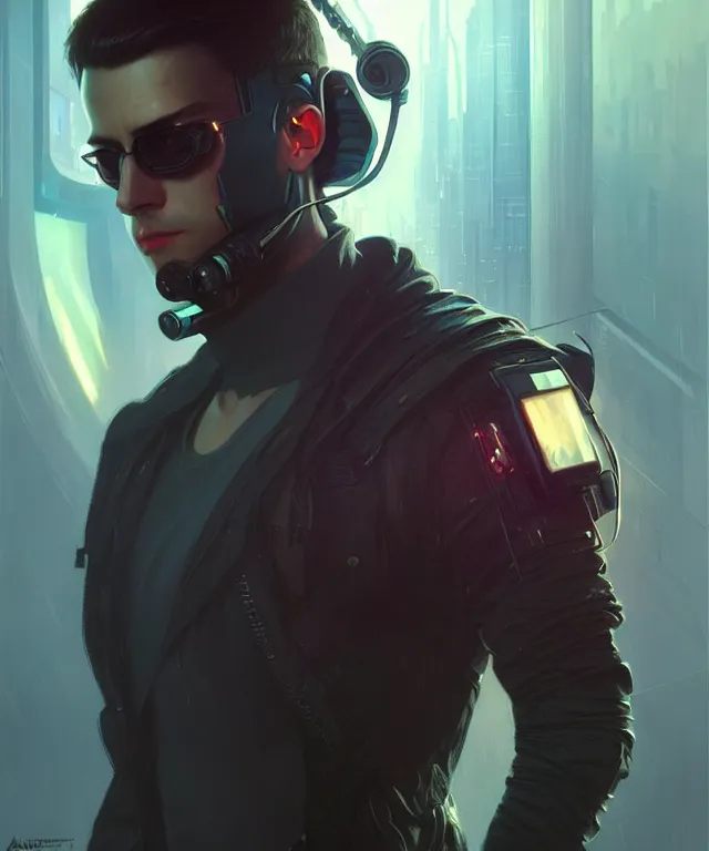 Image similar to Hacker cyberpunk man portrait, highly detailed, digital painting, artstation, concept art, smooth, sharp focus, illustration, art by artgerm and greg rutkowski and alphonse mucha