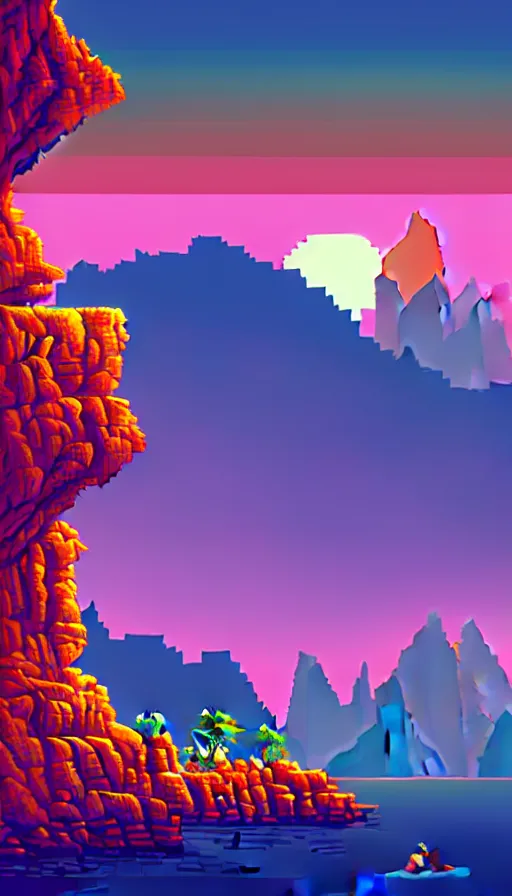 Prompt: super detailed epic color pixel art, northern sunset with rocks on front, monochrome photorealistic bay in the middle of perspective and mountains at background, big graphic trowler in the middle of composition, unreal engine, high contrast color palette, 3 d render, lowpoly, colorful, digital art, perspective, full volume composition, robert mccall, syd mead