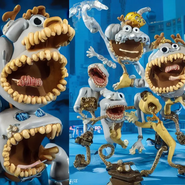 Image similar to jeff koons hip hop style street sharks wearing grillz and a ton of bussdown iced gold bling in wallace & gromit claymation, ultra realistic, concept art, intricate details, serious, highly detailed, photorealistic, octane render, 8 k, unreal engine, art by todd mcfarlane and artgerm and greg rutkowski and alphonse mucha
